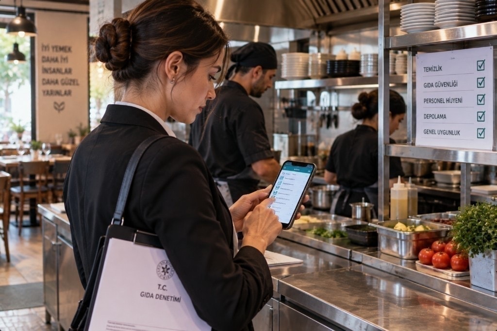 Food inspection in a kitchen: inspector checklist on a phone and Food Inspection paperwork