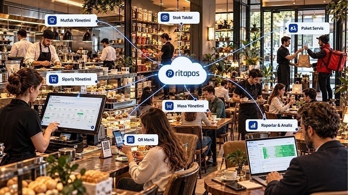 Restoran içi tanıtım görseli: Ritapos bulut logosunun sipariş, mutfak, stok, masa, QR menü, paket servis ve rapor modüllerine bağlandığı modül özeti