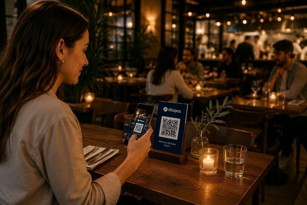 Guest scanning the Ritapos QR menu on the table with a phone. Ritapos