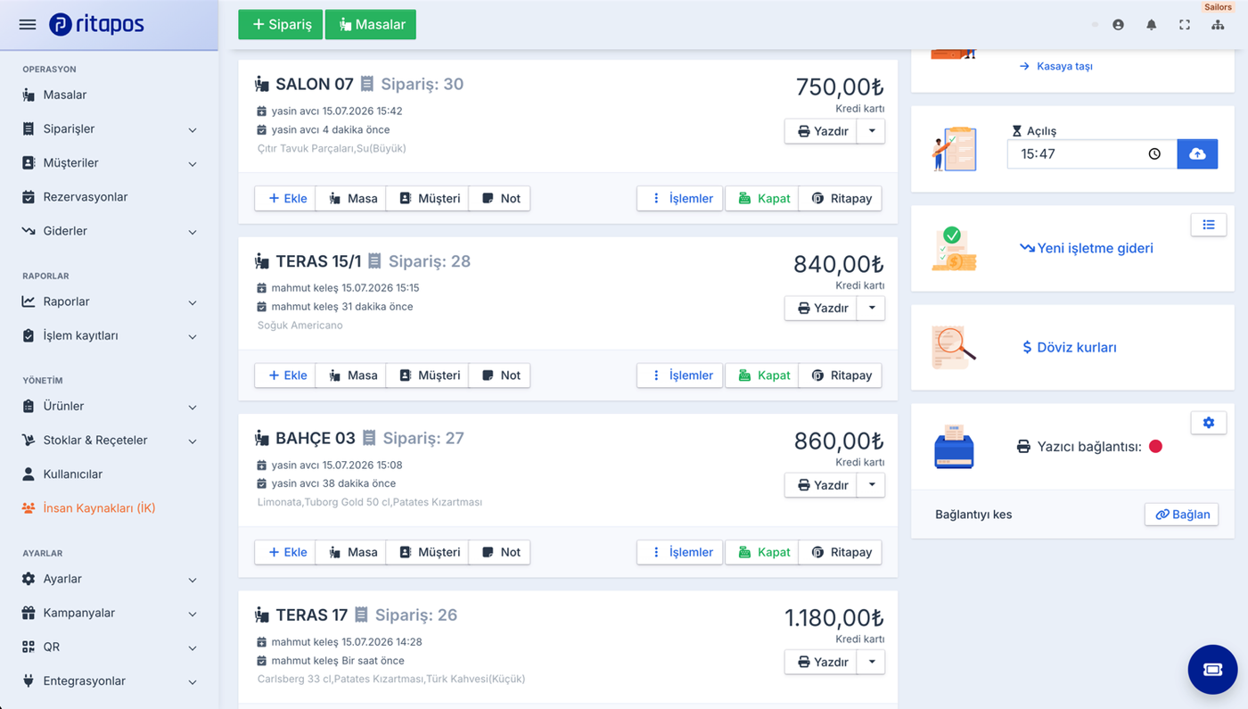 Ritapos main screen — order and courier tracking